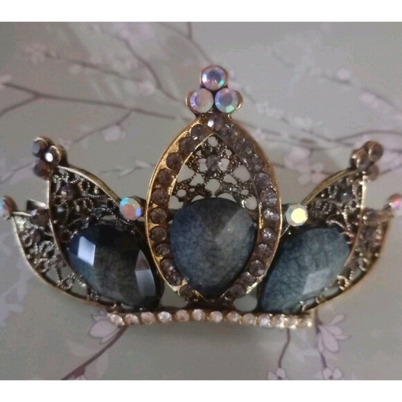 Large Jeweled Ornate Design Hair Clip Rhinestone Crown Black Bronze Elegant NIP - Picture 1 of 5